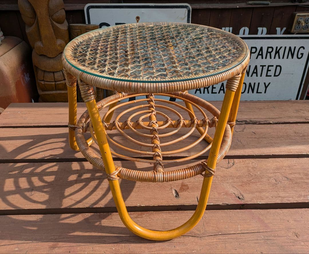 ビンテージ オールド ラタン ガラステーブル コーヒーテーブル