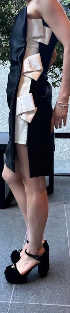 ランバン　ストラップレス ブラックドレス リボン