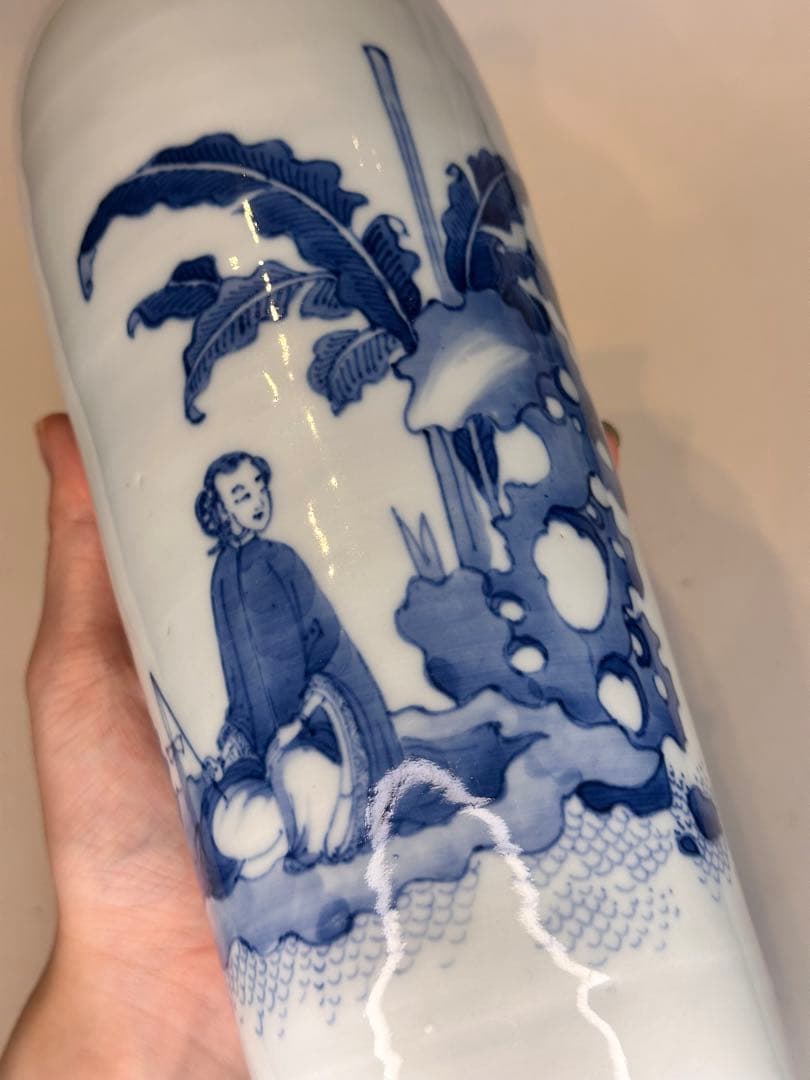 明代青花染付 人物文 花瓶 文物商店ラベル付 底部に封蝋あり 中国古陶磁 骨董品