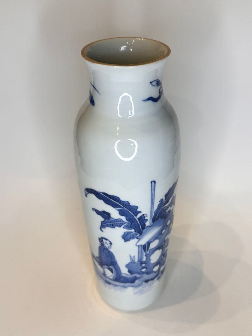 明代青花染付 人物文 花瓶 文物商店ラベル付 底部に封蝋あり 中国古陶磁 骨董品