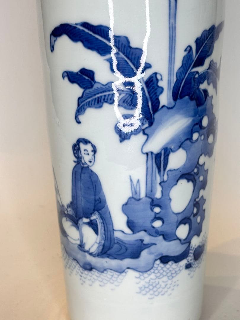 明代青花染付 人物文 花瓶 文物商店ラベル付 底部に封蝋あり 中国古陶磁 骨董品