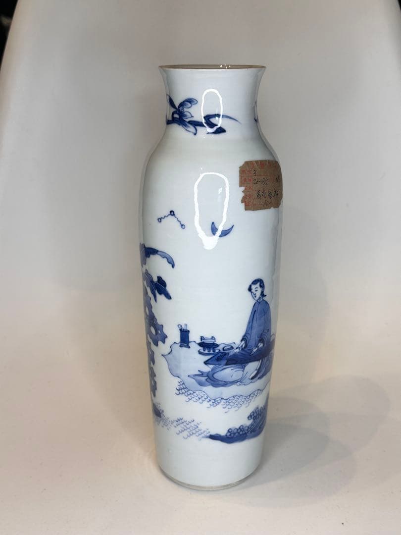 明代青花染付 人物文 花瓶 文物商店ラベル付 底部に封蝋あり 中国古陶磁 骨董品