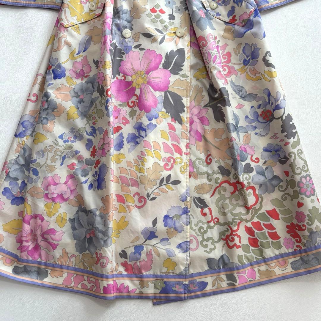 レオナール シルク100% トレンチコート 花柄 トリム M〜L スプリング