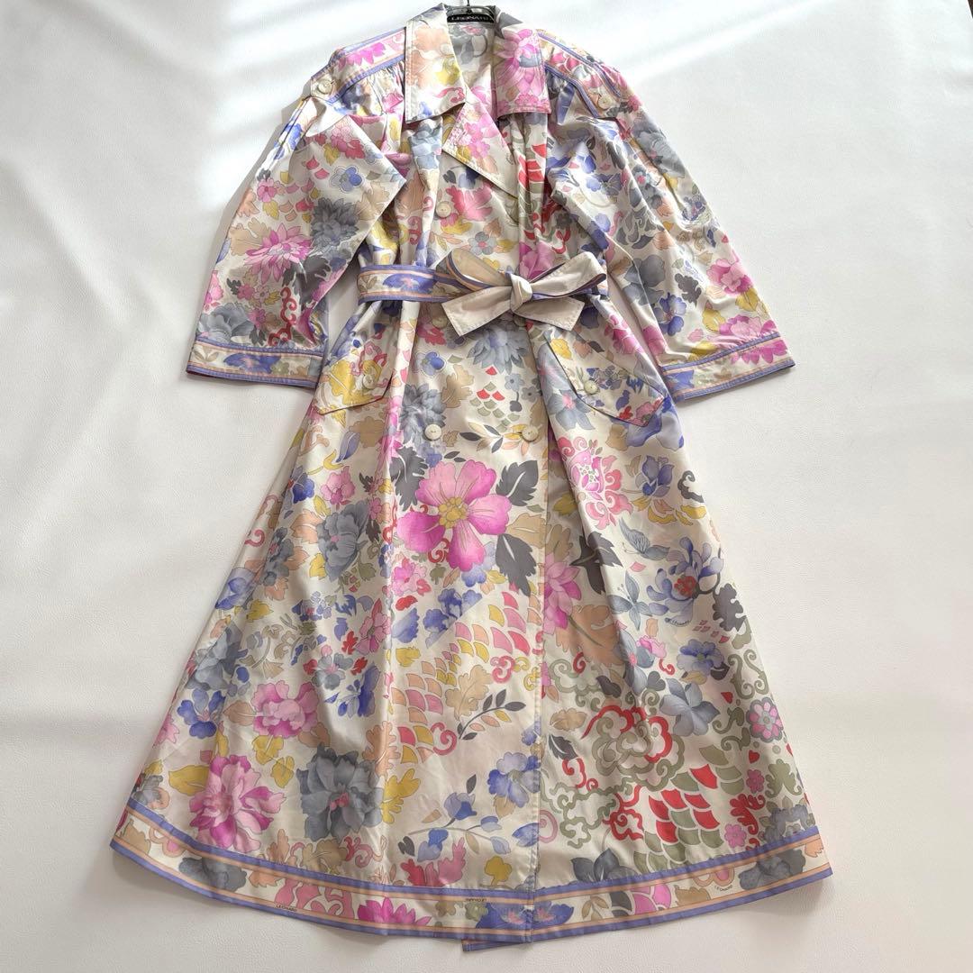 レオナール シルク100% トレンチコート 花柄 トリム M〜L スプリング