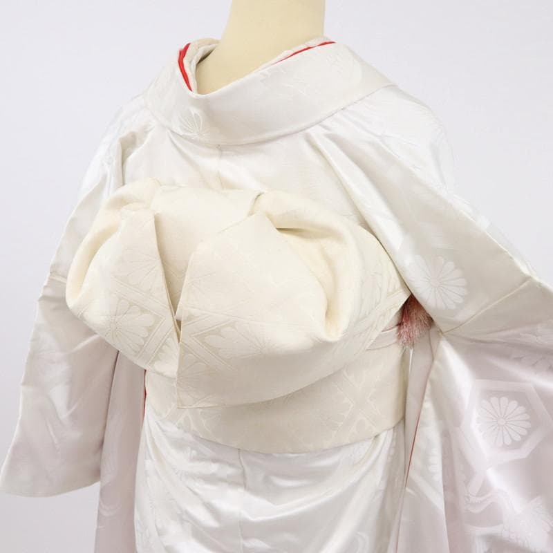 花嫁3点セット 白 掛下 帯 長襦袢 亀甲に菊と鶴 舞台衣装にも♪正絹12RS6