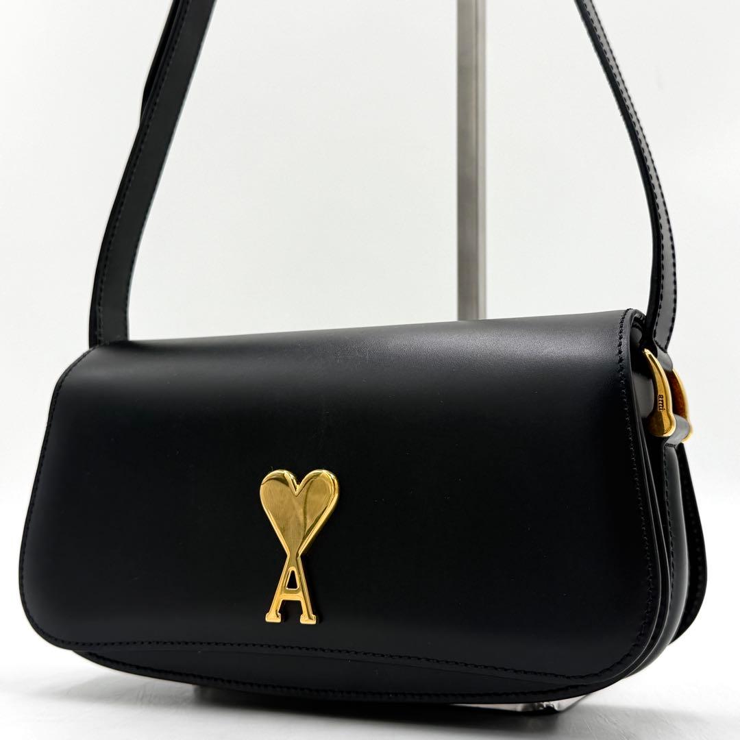 【極美品】アミパリス バケット ショルダーバッグ ハート ロゴ レザー ブラック