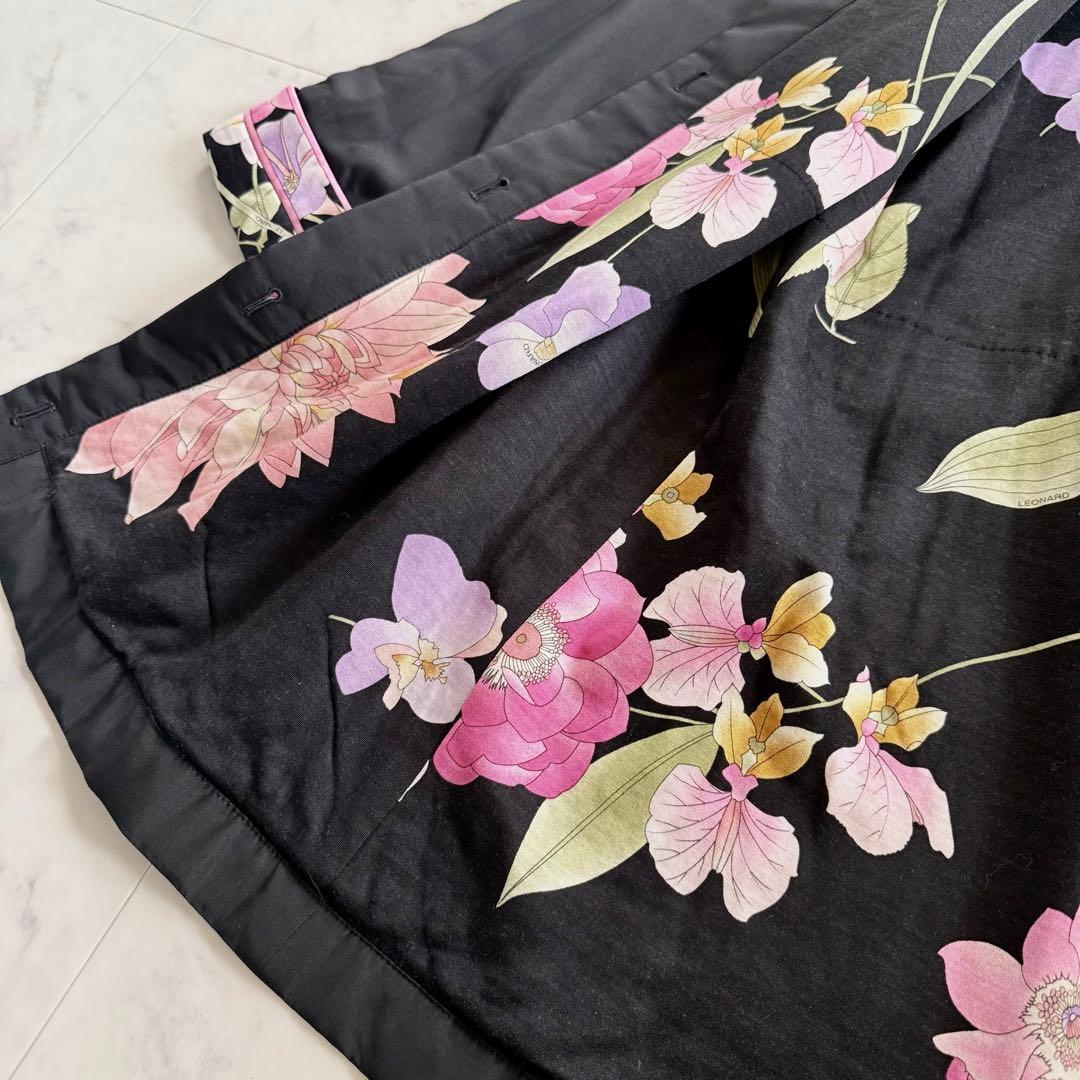 美品★レオナール シルク100% ロングコート 中綿 花柄 トリム XL相当