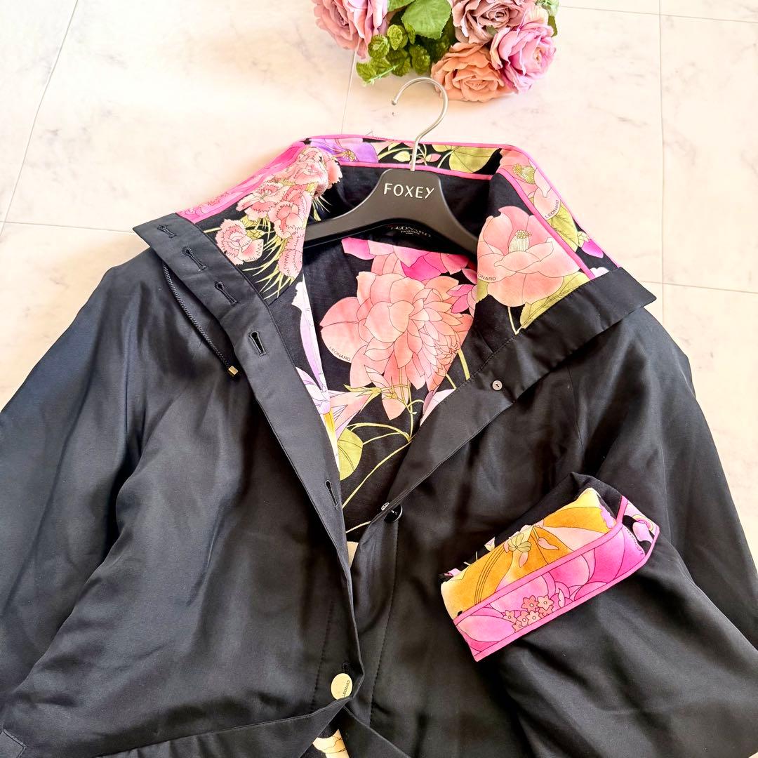 美品★レオナール シルク100% ロングコート 中綿 花柄 トリム XL相当
