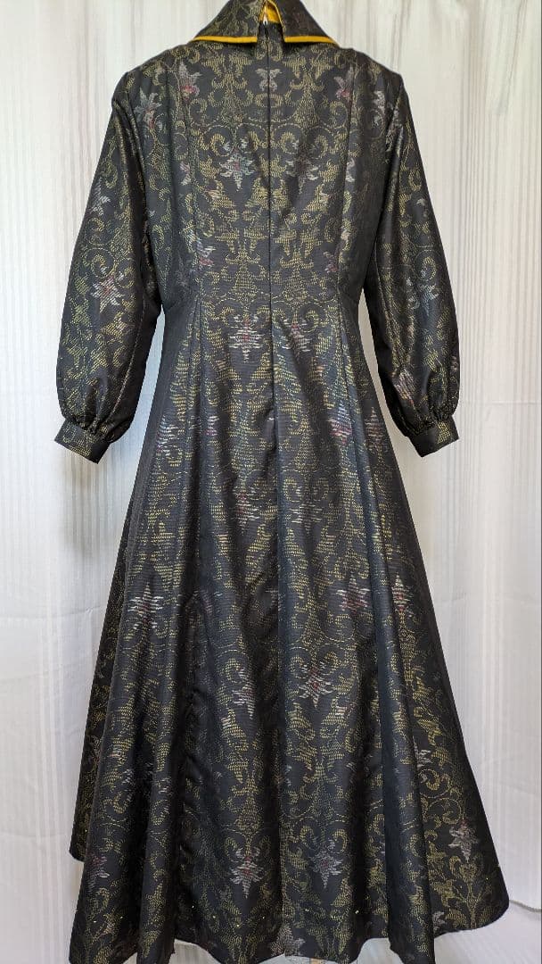 No239大島紬着物リメイク ロールカラー　たっぷりフレアーワンピース