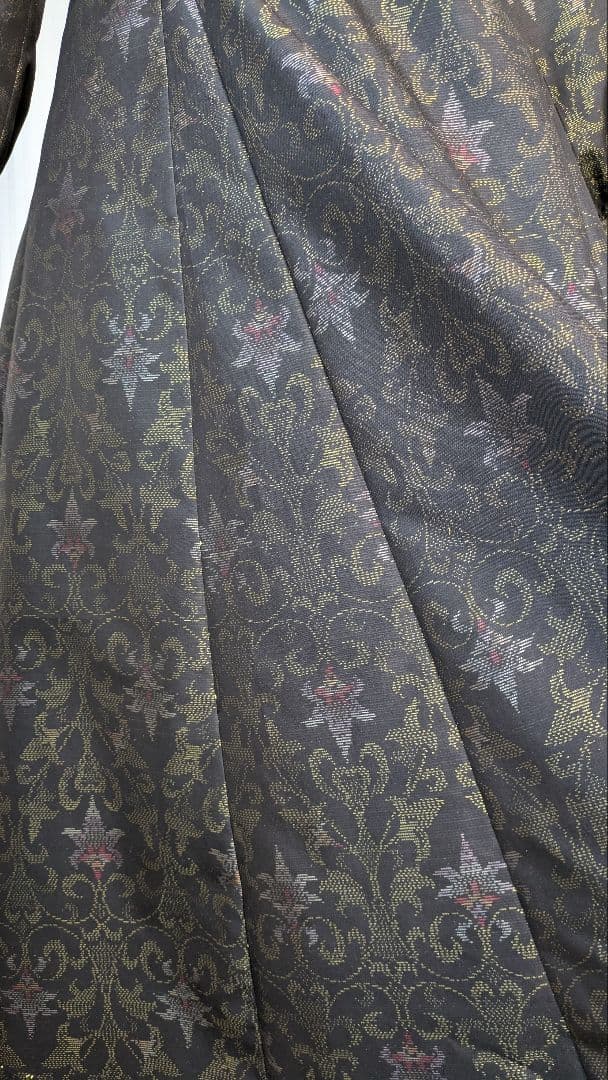 No239大島紬着物リメイク ロールカラー　たっぷりフレアーワンピース