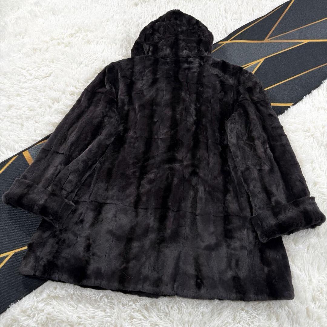 総丈85㎝ フード付き ファーコート リバーシブル XL相当 AA137