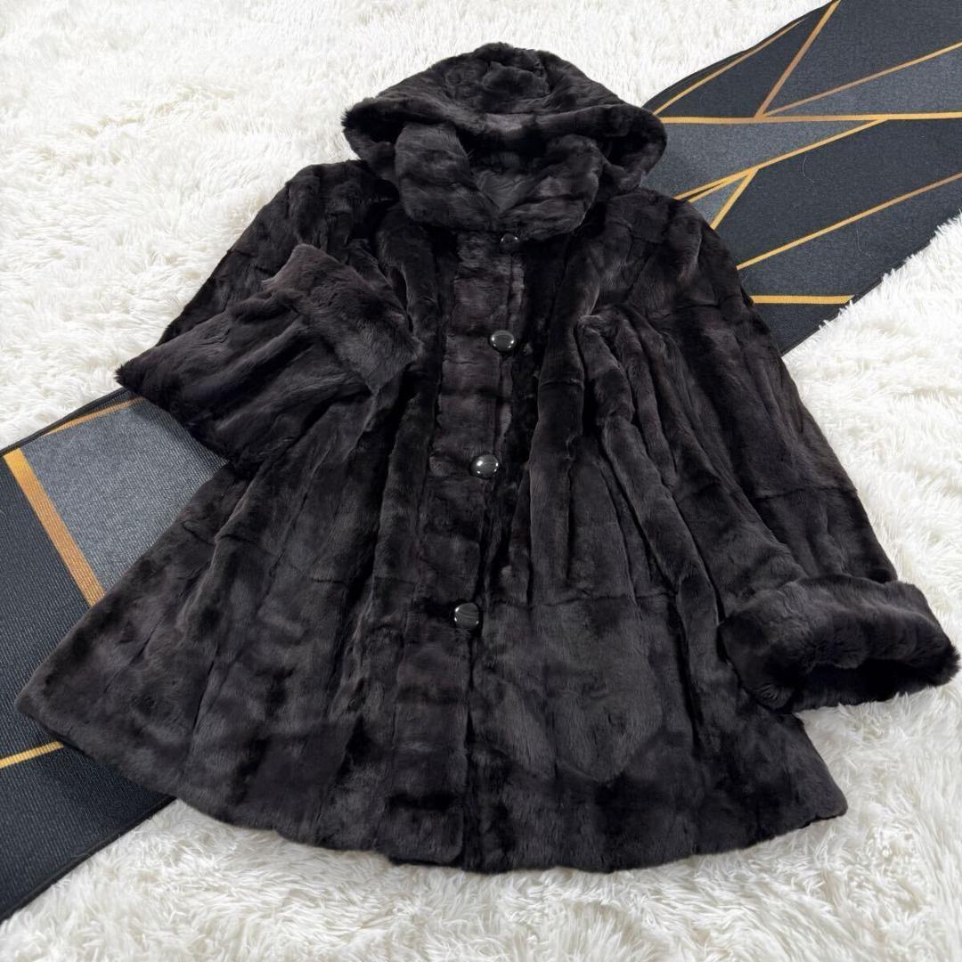 総丈85㎝ フード付き ファーコート リバーシブル XL相当 AA137