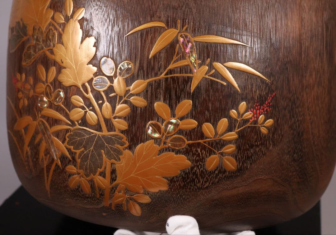 花鳥蒔絵 螺鈿細工 桐火鉢 幅31cm 高20cm 金蒔絵 漆芸 草花【MB68