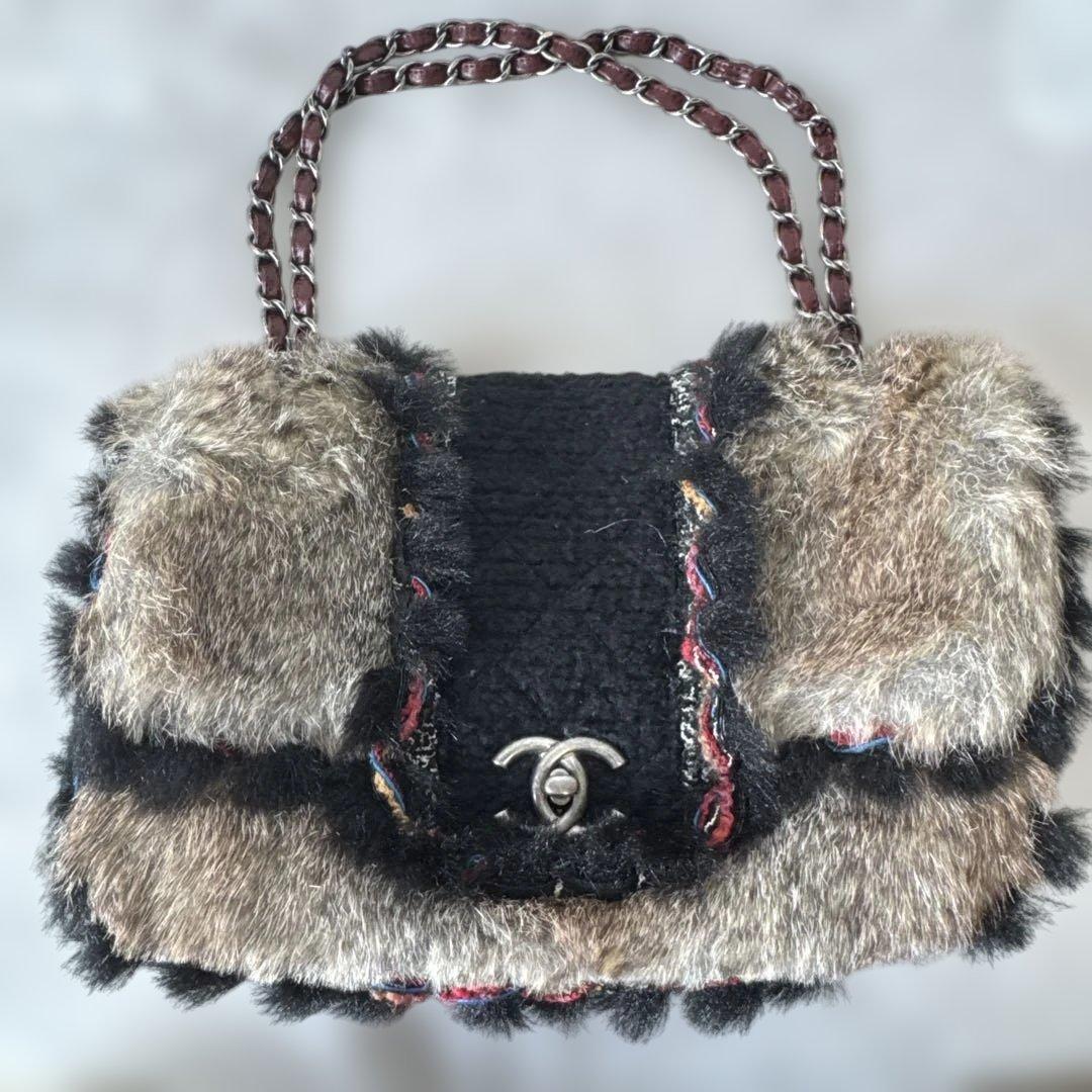 シャネルCHANEL14番台ラビットファー ツイードチェーンマルチカラー