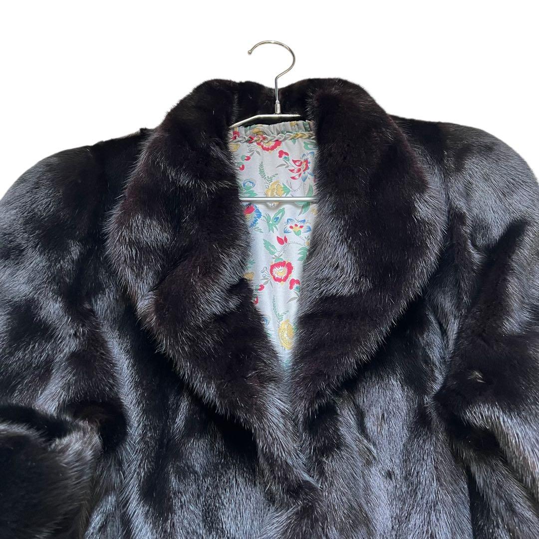 着丈80cm ブラックミンク リアルファー 毛皮 毛並み◎ なめし柔らか 総柄