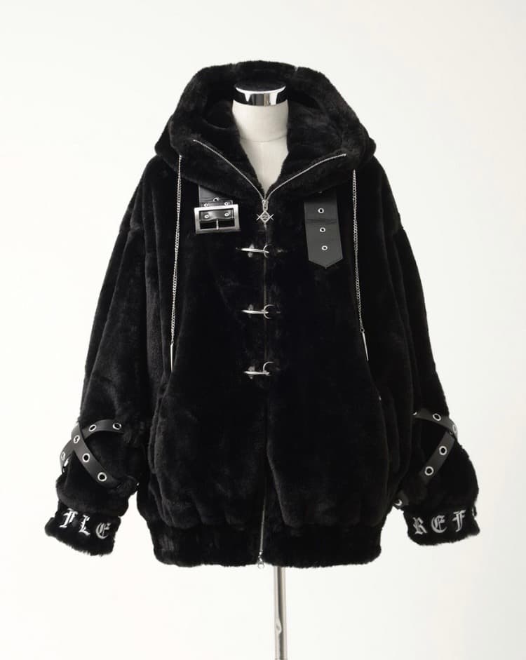 REFLEM【レフレム】ベルト付きハイネックファーパーカー　Black