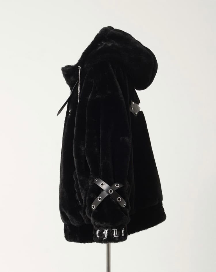 REFLEM【レフレム】ベルト付きハイネックファーパーカー　Black