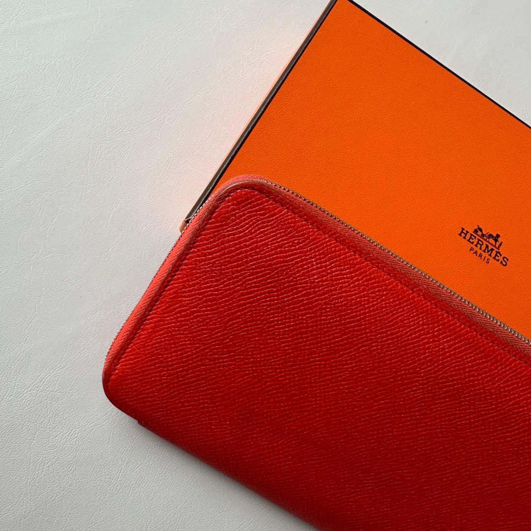 箱付 HERMES アザップロング シルクイン 財布 朱色