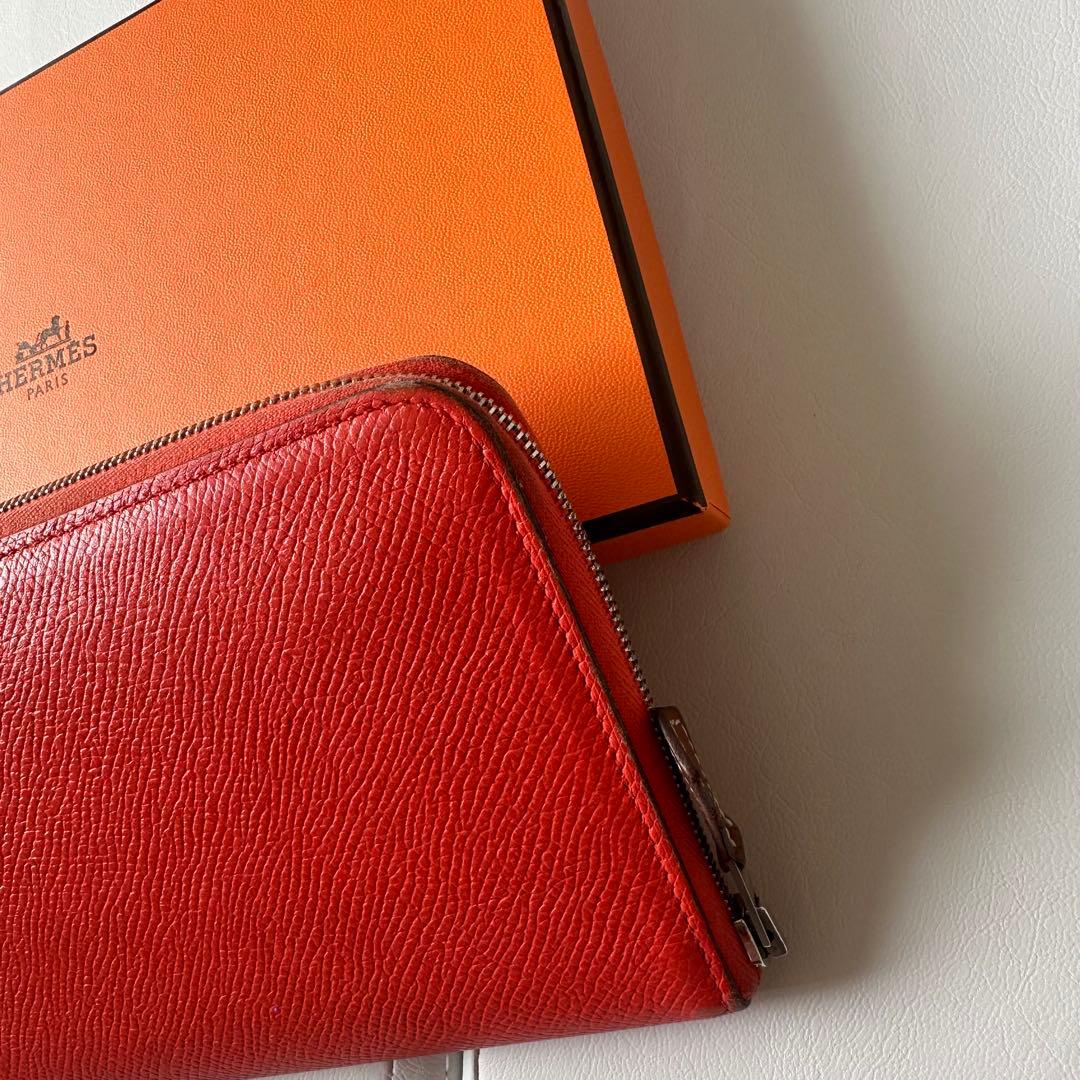 箱付 HERMES アザップロング シルクイン 財布 朱色