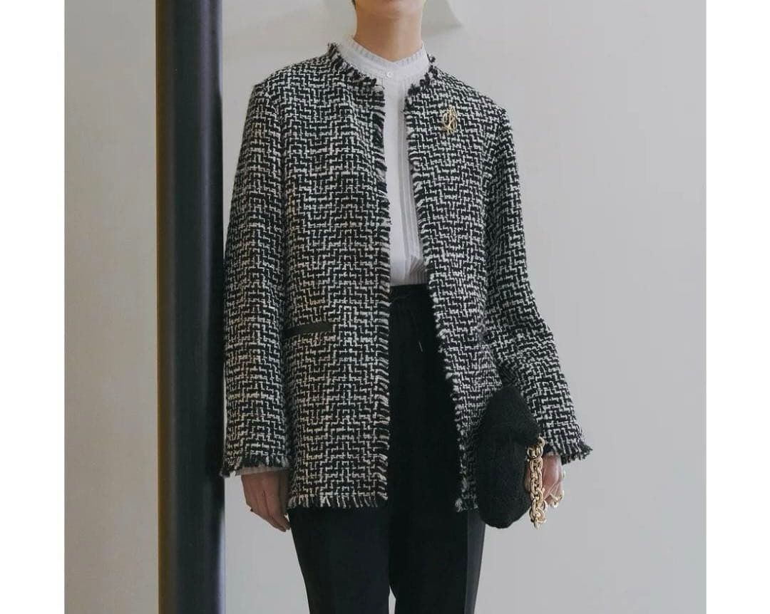 大きいサイズ☆ICB アイシービー☆ライトツイードノーカラージャケット ウール混