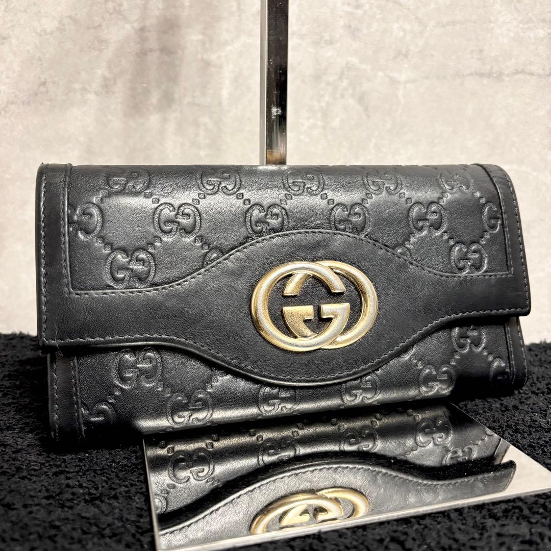 美品 GUCCI シマ インターロッキング フラップ ブラック 長財布
