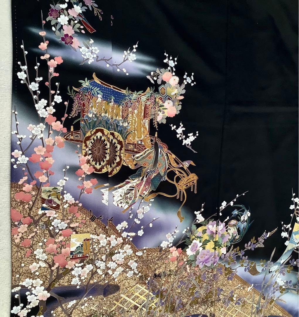正絹黒留袖　駒刺繍　金彩　平安風景文　⑧( 訪問着、紬、袋帯なども出品)