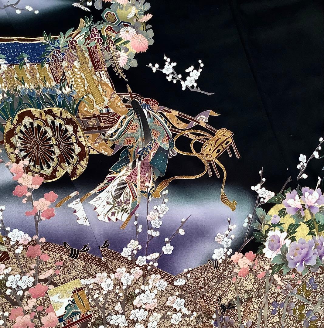 正絹黒留袖　駒刺繍　金彩　平安風景文　⑧( 訪問着、紬、袋帯なども出品)