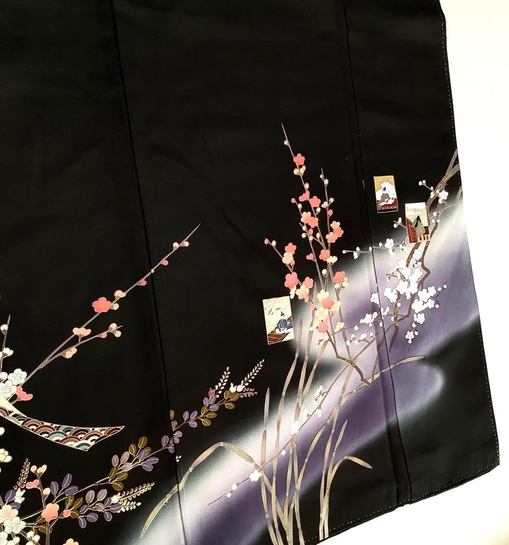 正絹黒留袖　駒刺繍　金彩　平安風景文　⑧( 訪問着、紬、袋帯なども出品)