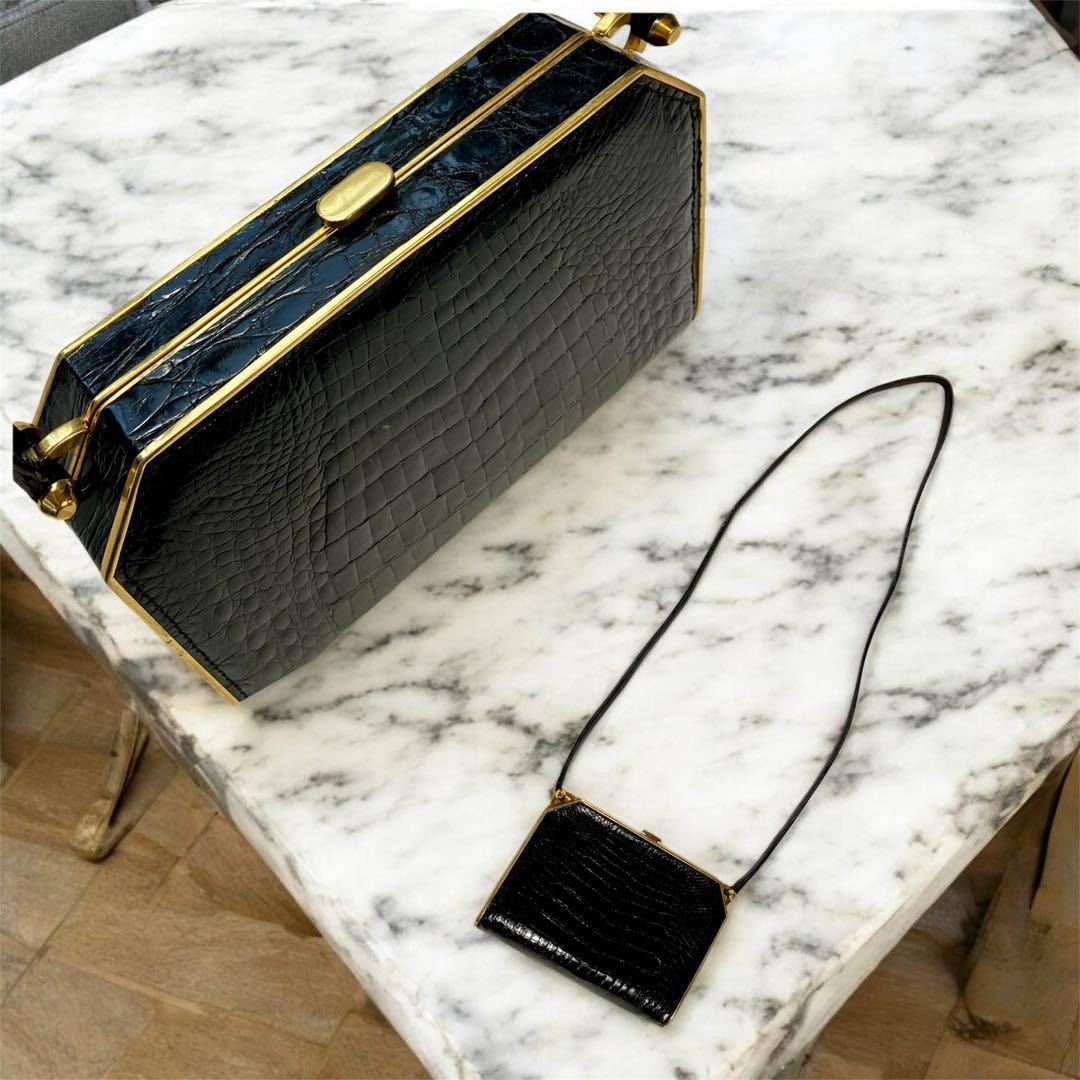 リアル　クロコダイル　クラッチ　パーティーバッグ　 アンティック　ゴールドトリム