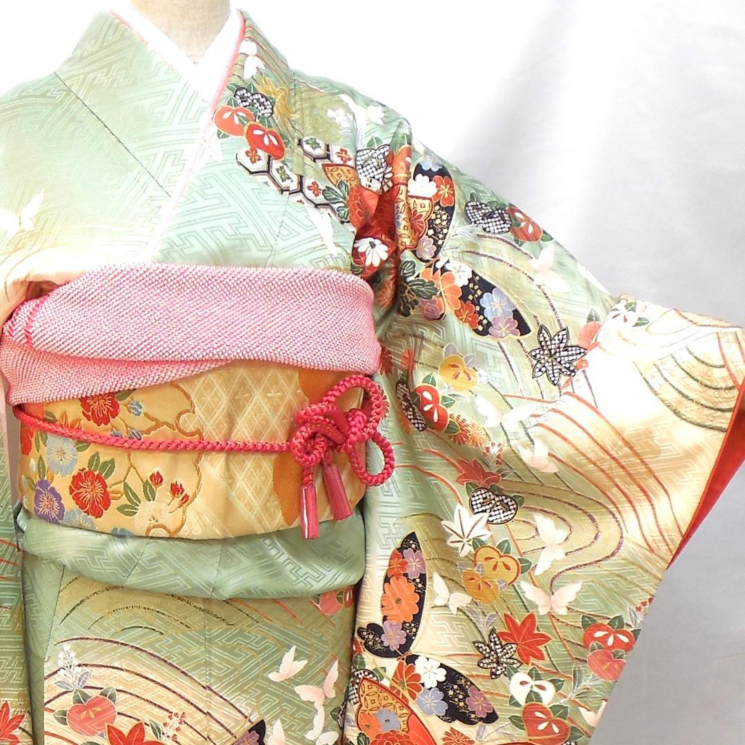 極美品★振袖フルセット　正絹　振袖　7点セット　成人式　Mサイズ　緑　赤　古典柄