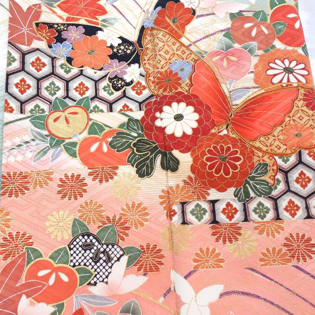 極美品★振袖フルセット　正絹　振袖　7点セット　成人式　Mサイズ　緑　赤　古典柄