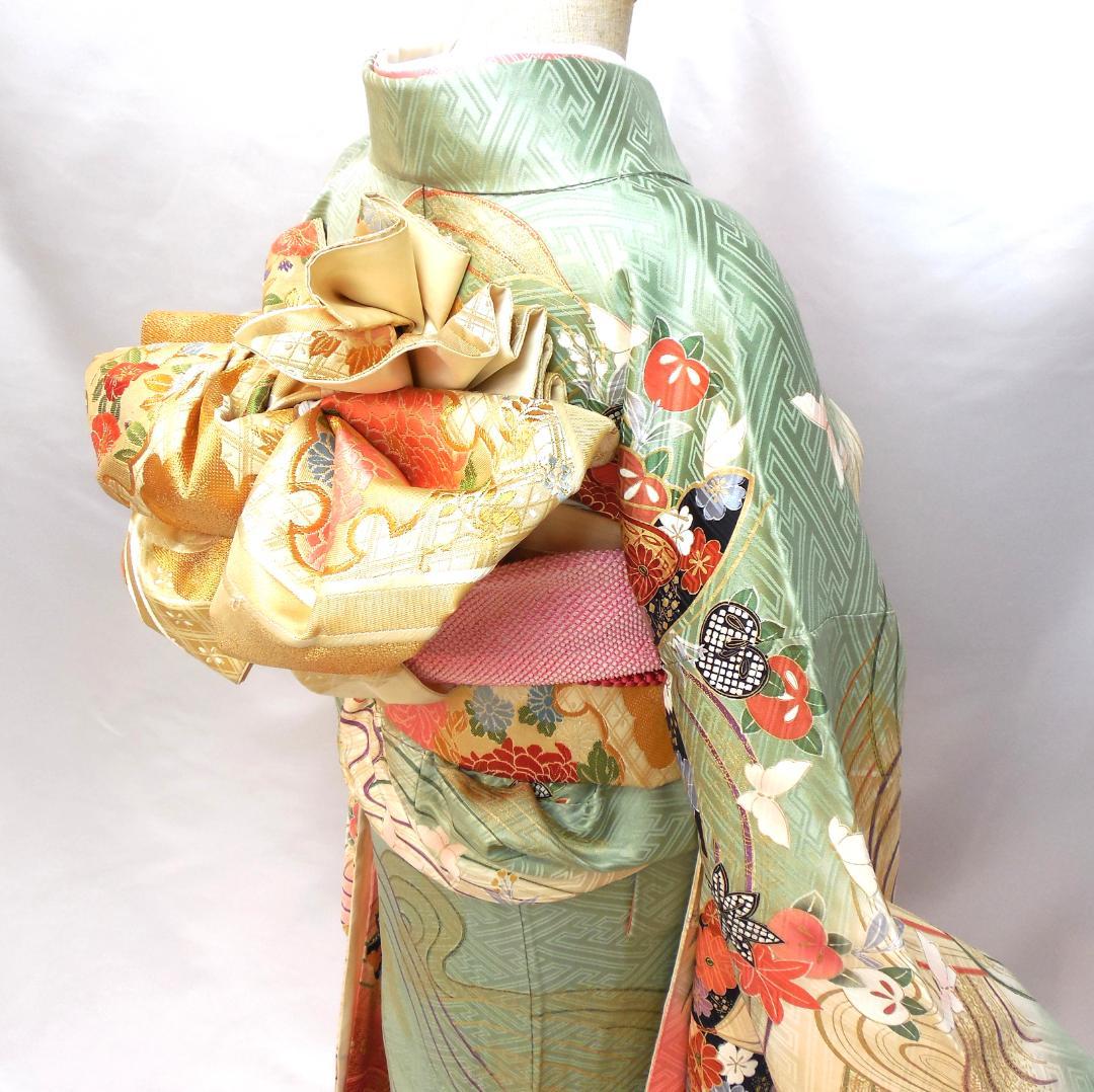 極美品★振袖フルセット　正絹　振袖　7点セット　成人式　Mサイズ　緑　赤　古典柄