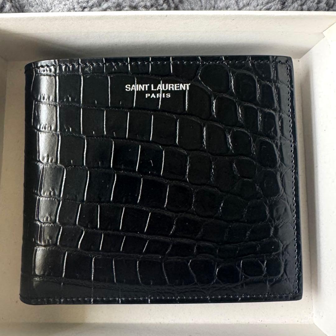SAINT LAURENT クロコ型押し エンボスレザー 二つ折り財布 ブラック
