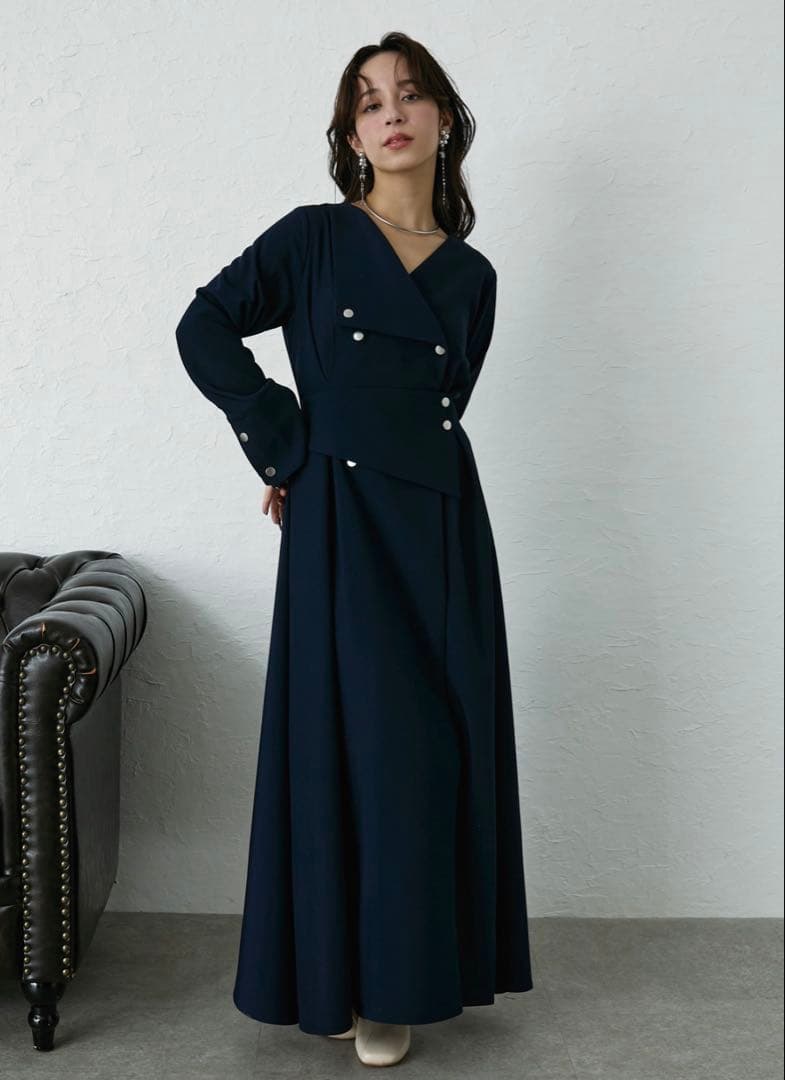 アシメボタンフレアワンピース♡ネイビー