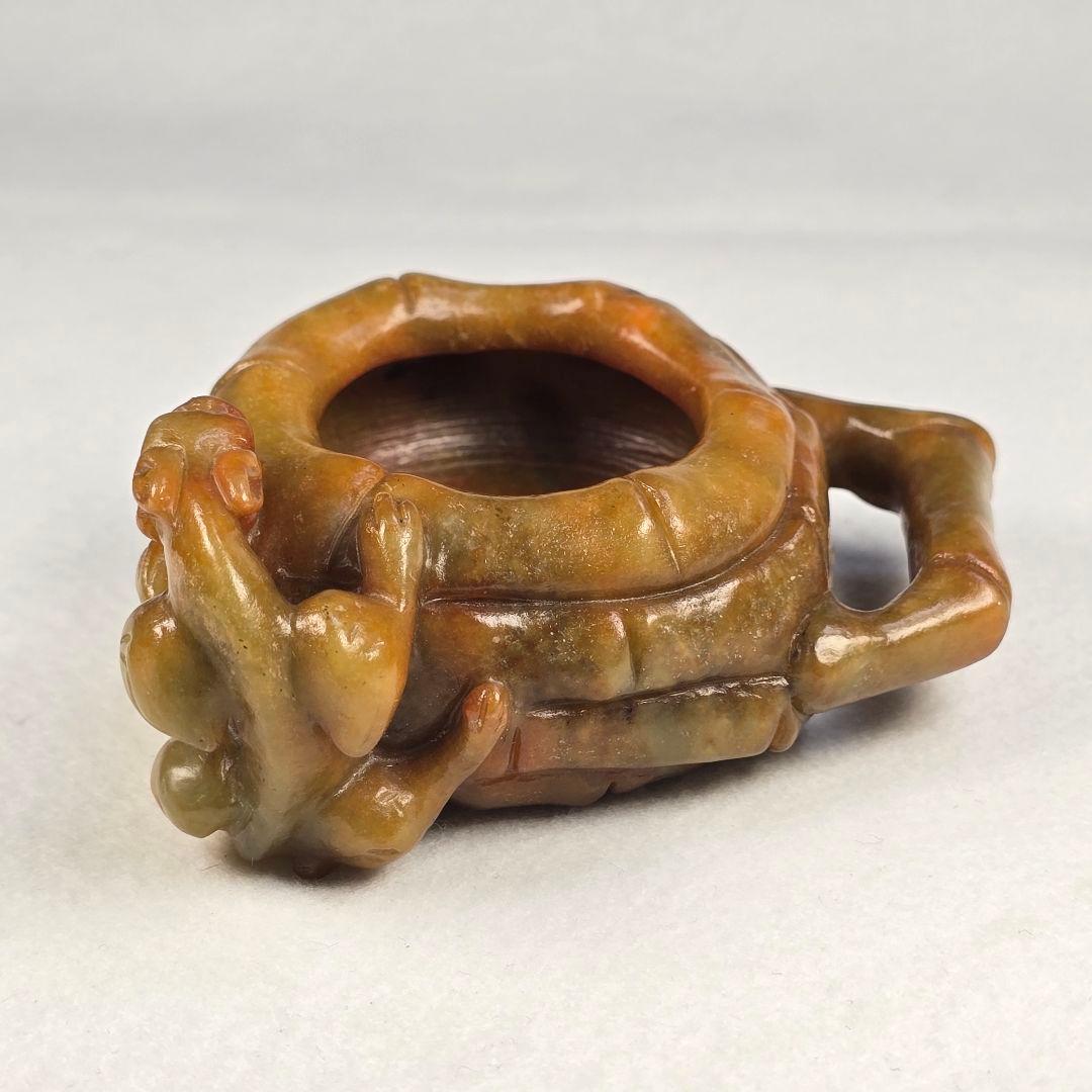 古文房具 本物和田玉 原石 手彫 清代 竹籠瑞獣紋 筆洗 筆添 墨池 水鉢 激安