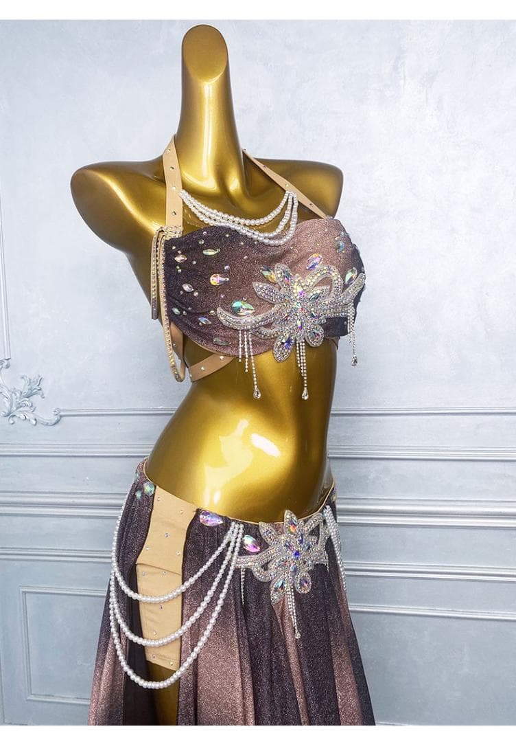 新品 ベリーダンス衣装 高級舞台用 コーヒー ロングスカートセット M L