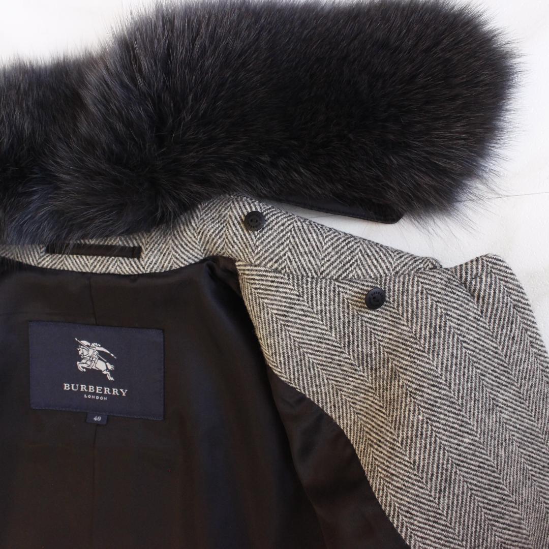 バーバリーロンドン ダブルフェイスコート カシミヤ フォックス ヘリンボーン L