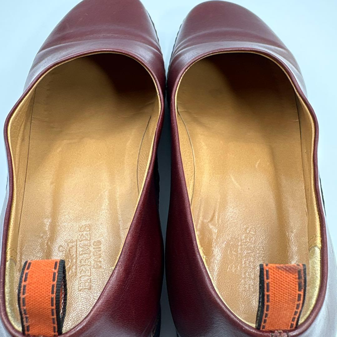 エルメス　レザー　バーガンディ　フラットシューズ　ローファー　リボン