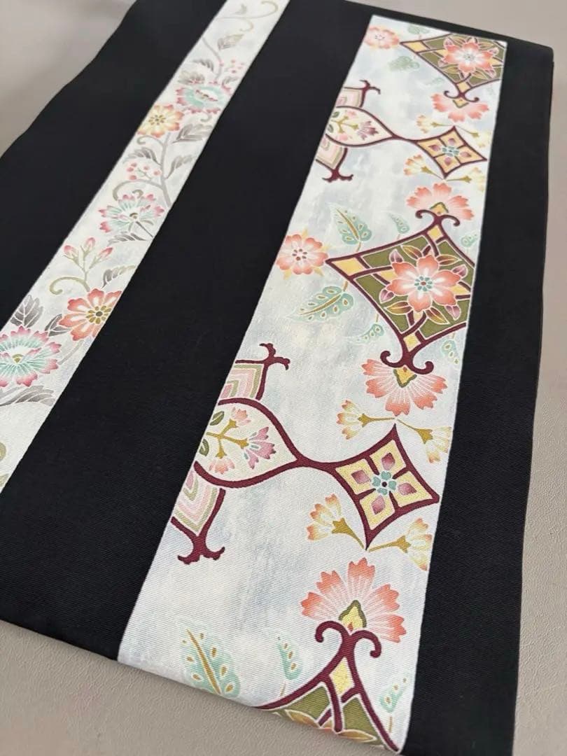 正絹 塩瀬 黒地 装飾華文 九寸名古屋帯 極美品