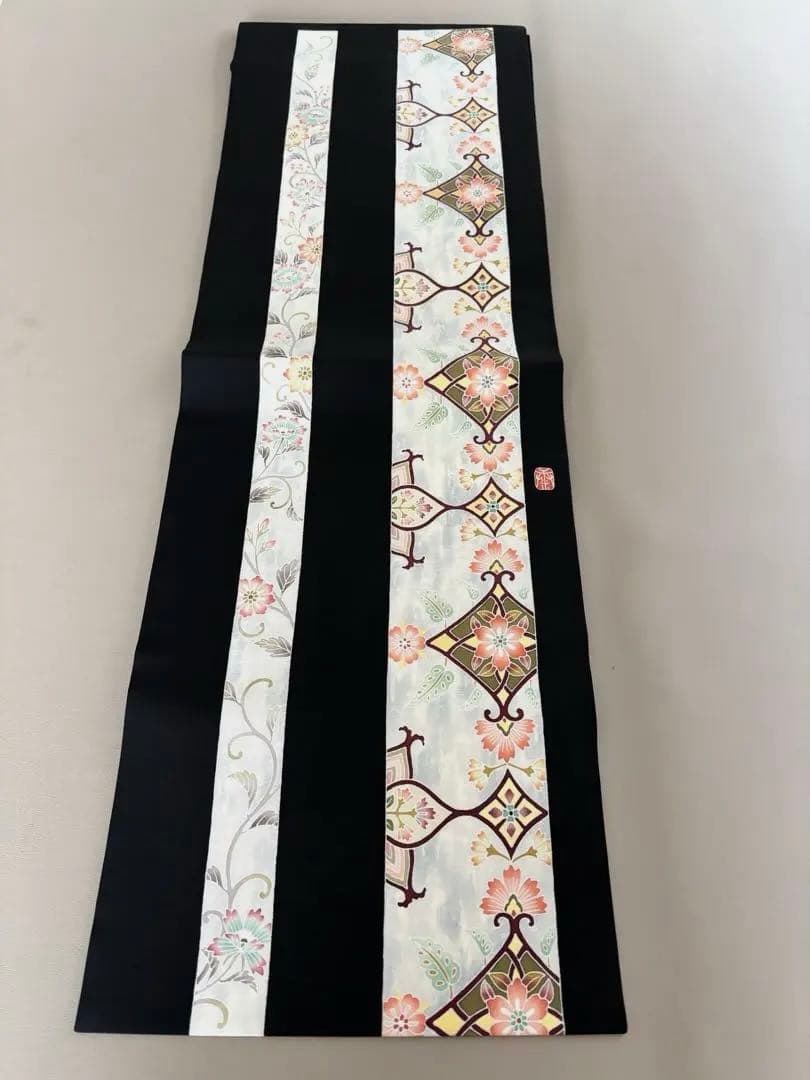 正絹 塩瀬 黒地 装飾華文 九寸名古屋帯 極美品