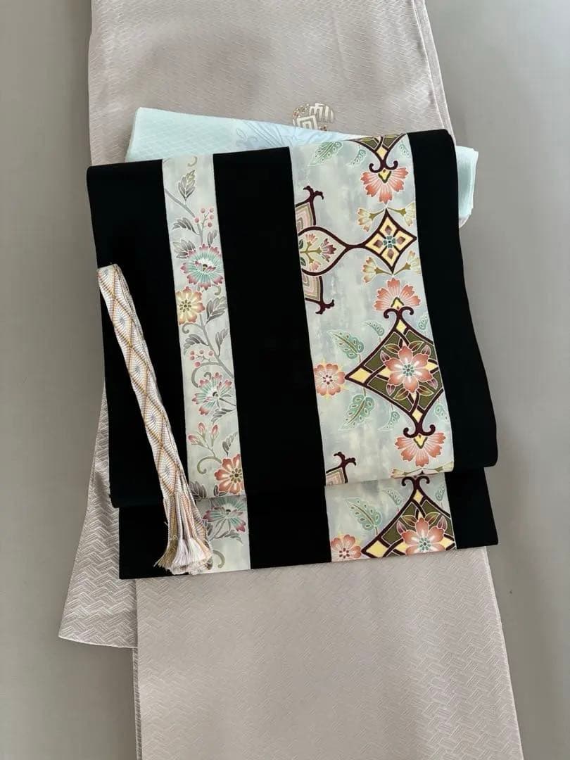 正絹 塩瀬 黒地 装飾華文 九寸名古屋帯 極美品