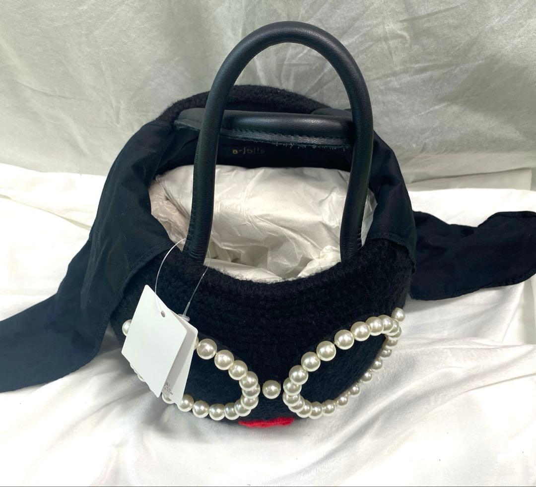 a-jolie パールサングラスニット編みカゴバッグ ブラック