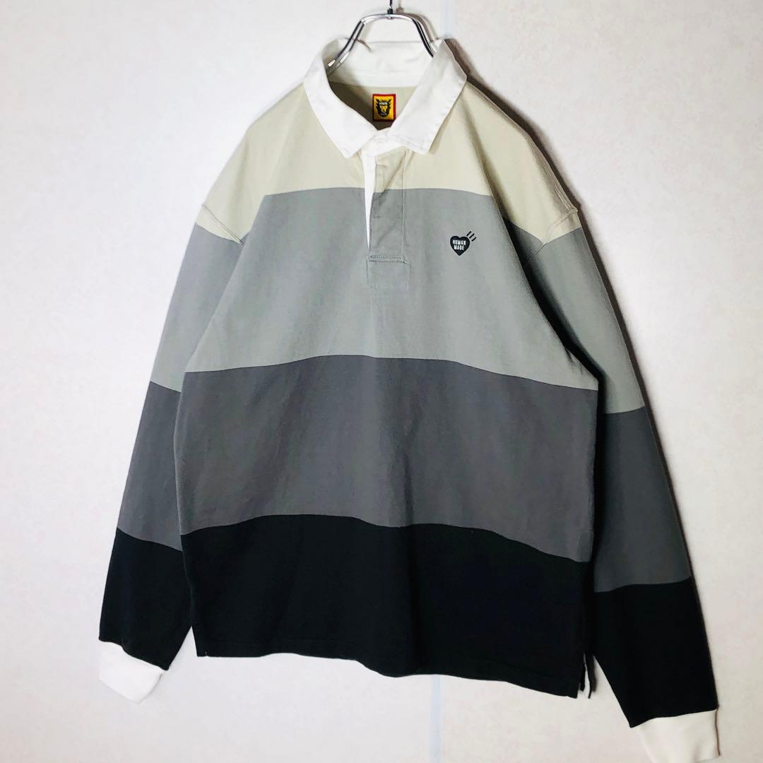 【美品】ヒューマンメイド マルチストライプ ワッペンロゴ ラガーシャツ L相当