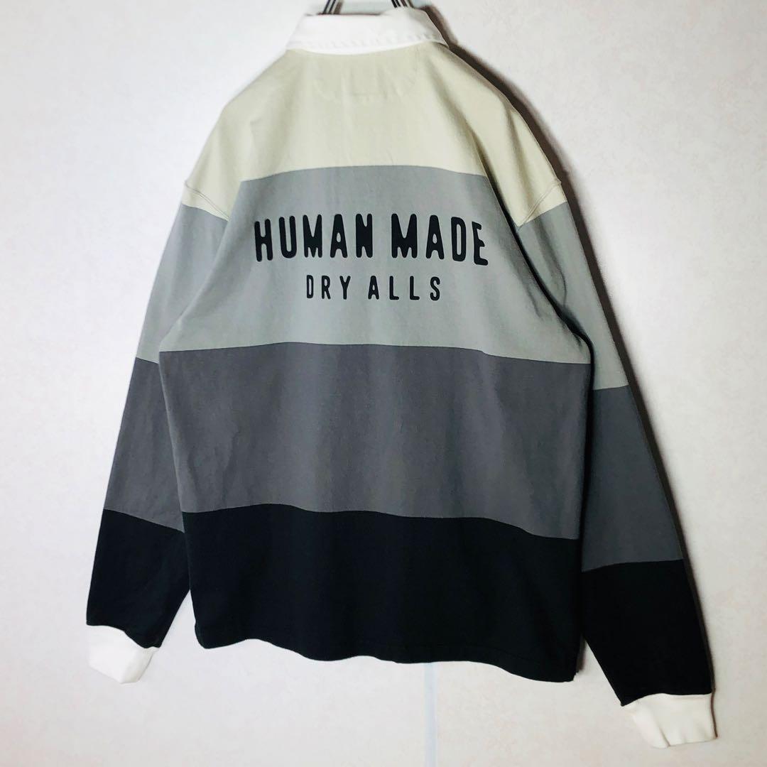【美品】ヒューマンメイド マルチストライプ ワッペンロゴ ラガーシャツ L相当