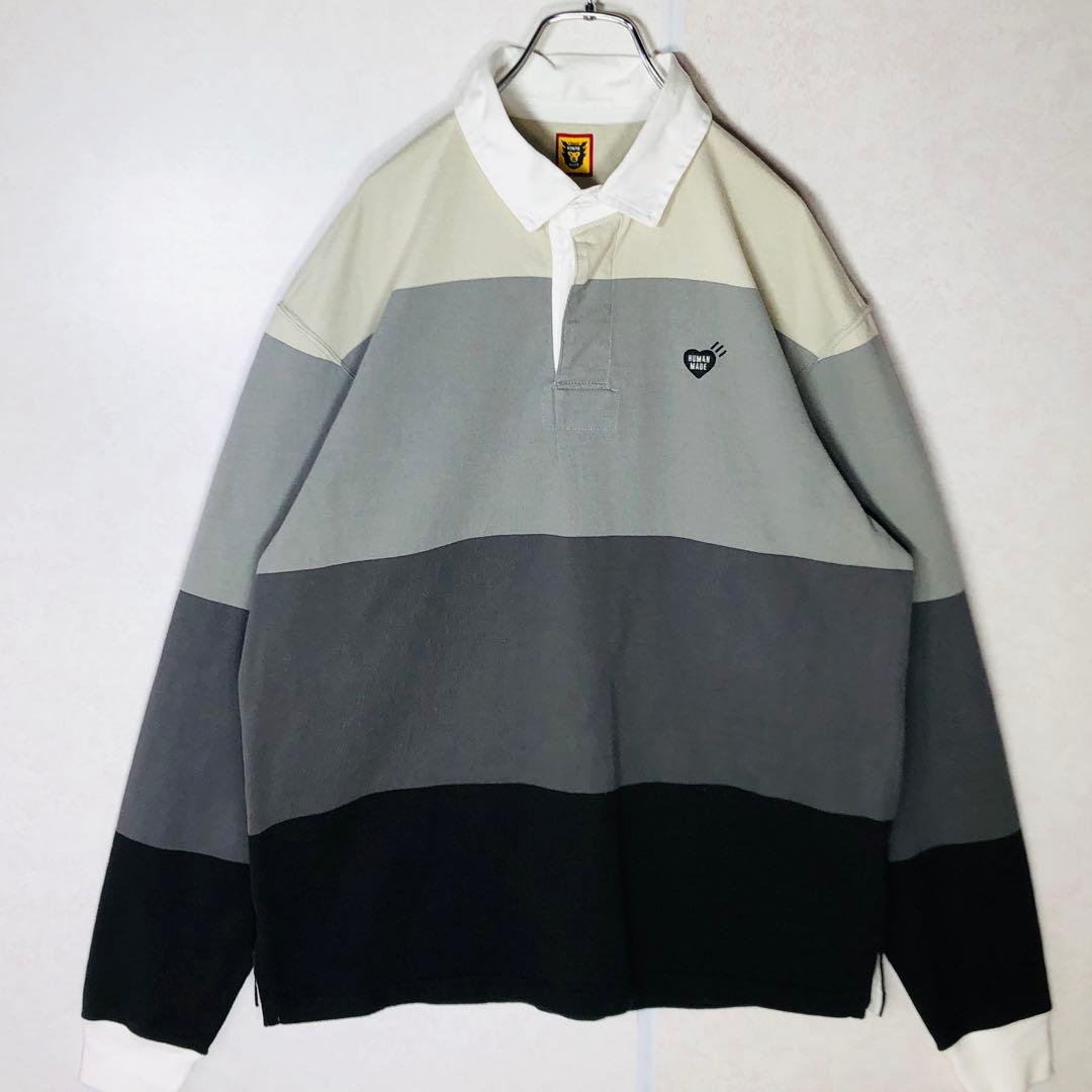 【美品】ヒューマンメイド マルチストライプ ワッペンロゴ ラガーシャツ L相当