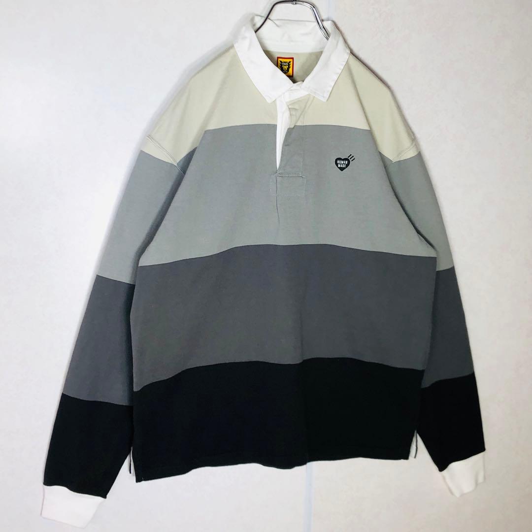 【美品】ヒューマンメイド マルチストライプ ワッペンロゴ ラガーシャツ L相当