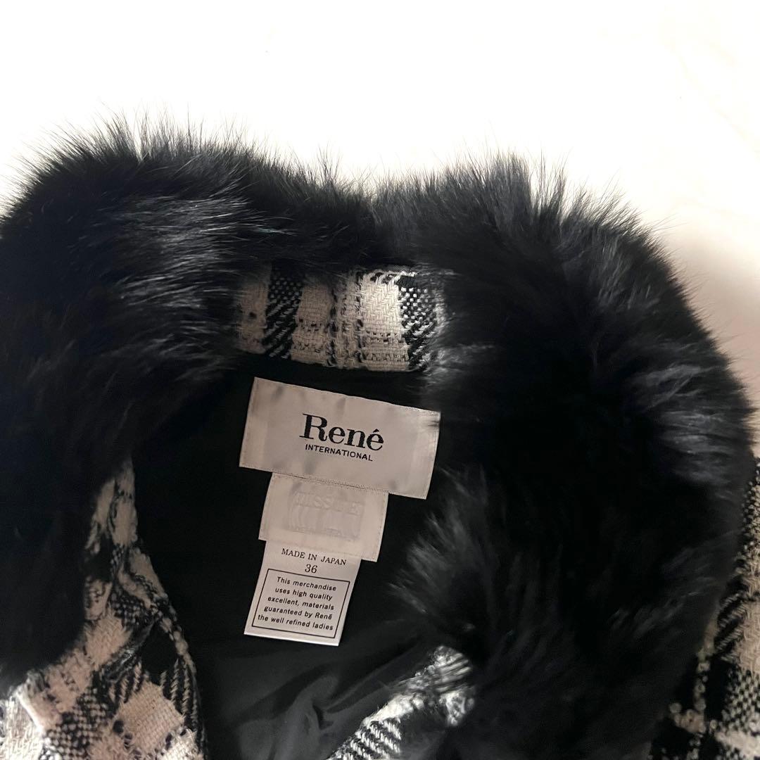 美品 Rene フォックスファー ポンチョ コート ツイード チェック 36毛皮