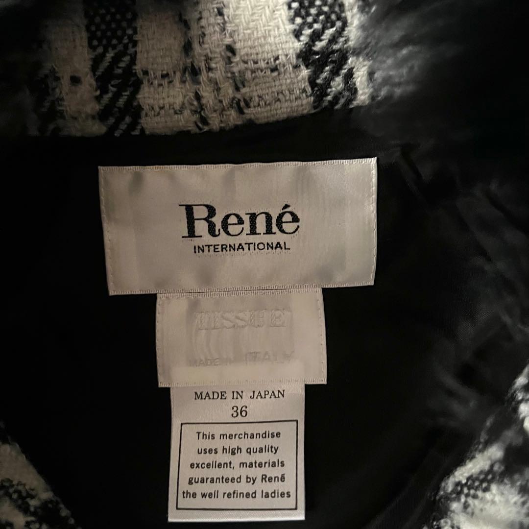 美品 Rene フォックスファー ポンチョ コート ツイード チェック 36毛皮