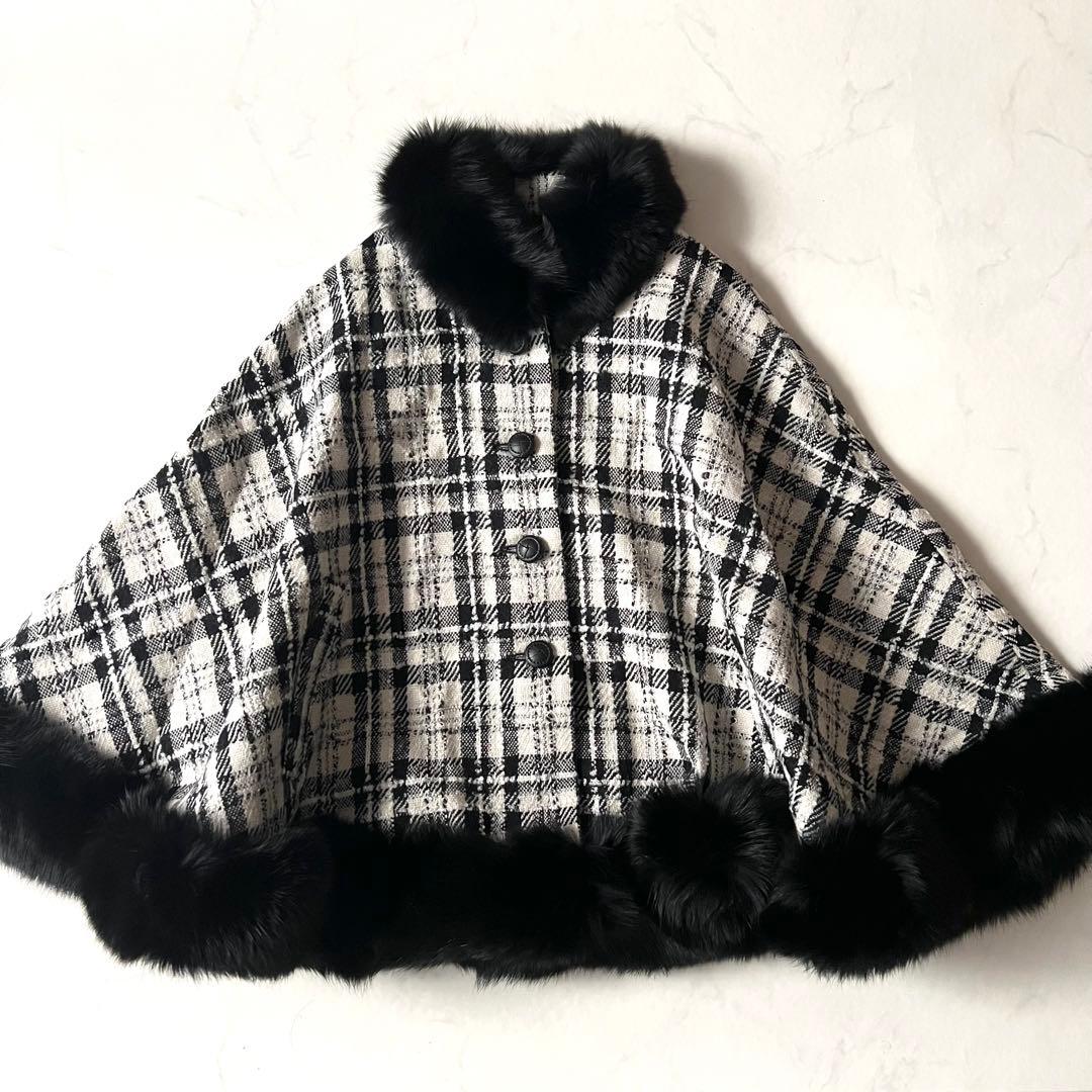 美品 Rene フォックスファー ポンチョ コート ツイード チェック 36毛皮