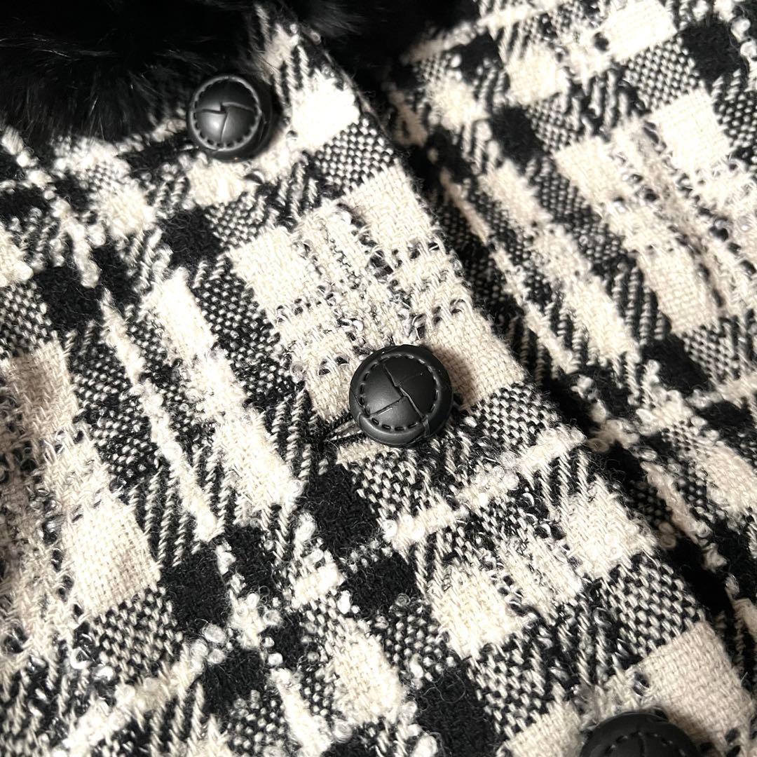 美品 Rene フォックスファー ポンチョ コート ツイード チェック 36毛皮